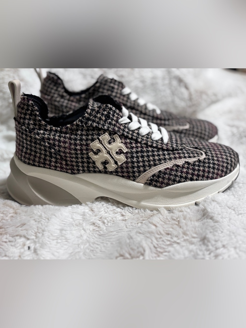 Tory Burch Good Luck Trainer in Brown Herringbone Tweed Pattern Size 9